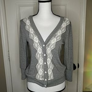 MAXI Button Down Grey w/Lace Detail Sweater or Cardigan 3/4 Sleeves Size…